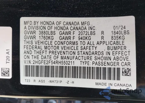 2024 Honda Civic Sport from USA, damaged, VIN 2HGFE2F54RH550211